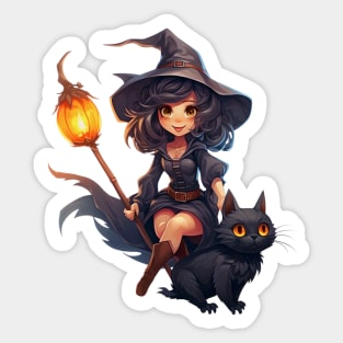 Halloween Witch Black Cat and Pumpkins Sticker